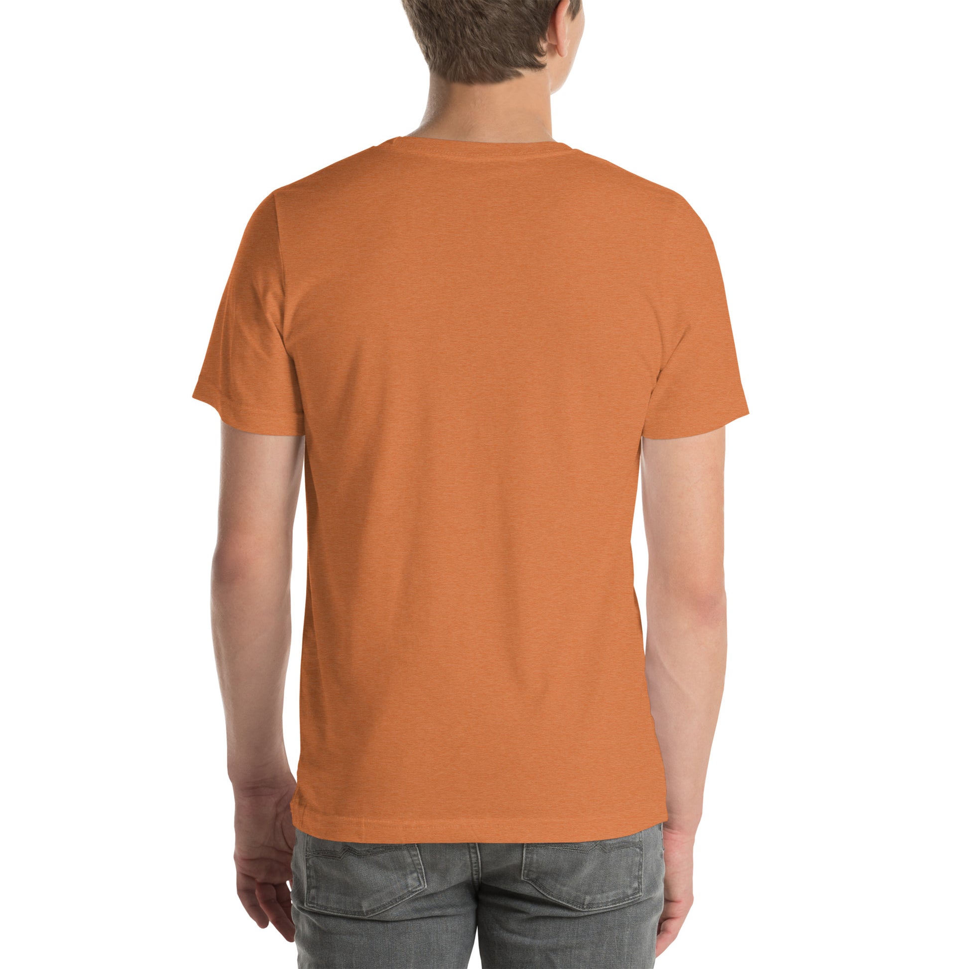 Back view of an adult model wearing a heather autumn orange short-sleeve T-shirt with a white background behind him. 