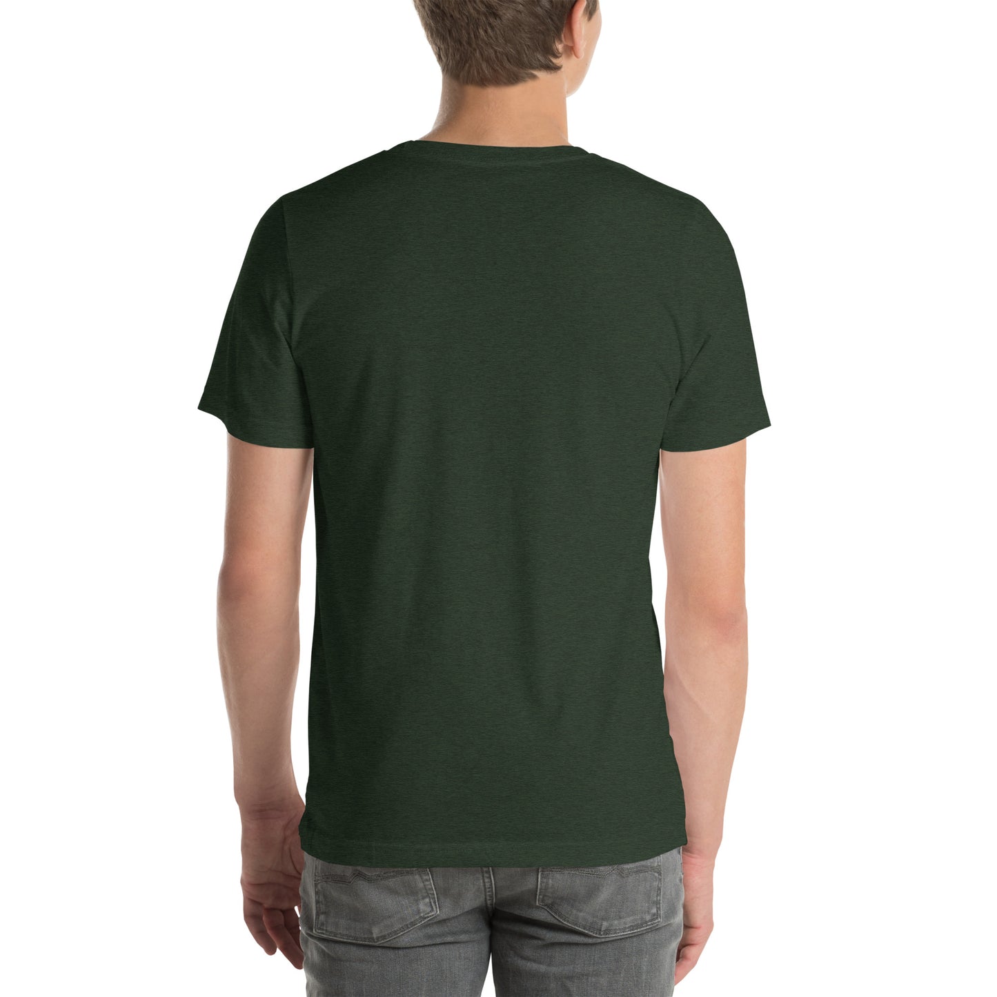 Back view of an adult model wearing a heather emerald green short-sleeve T-shirt with a white background behind him.