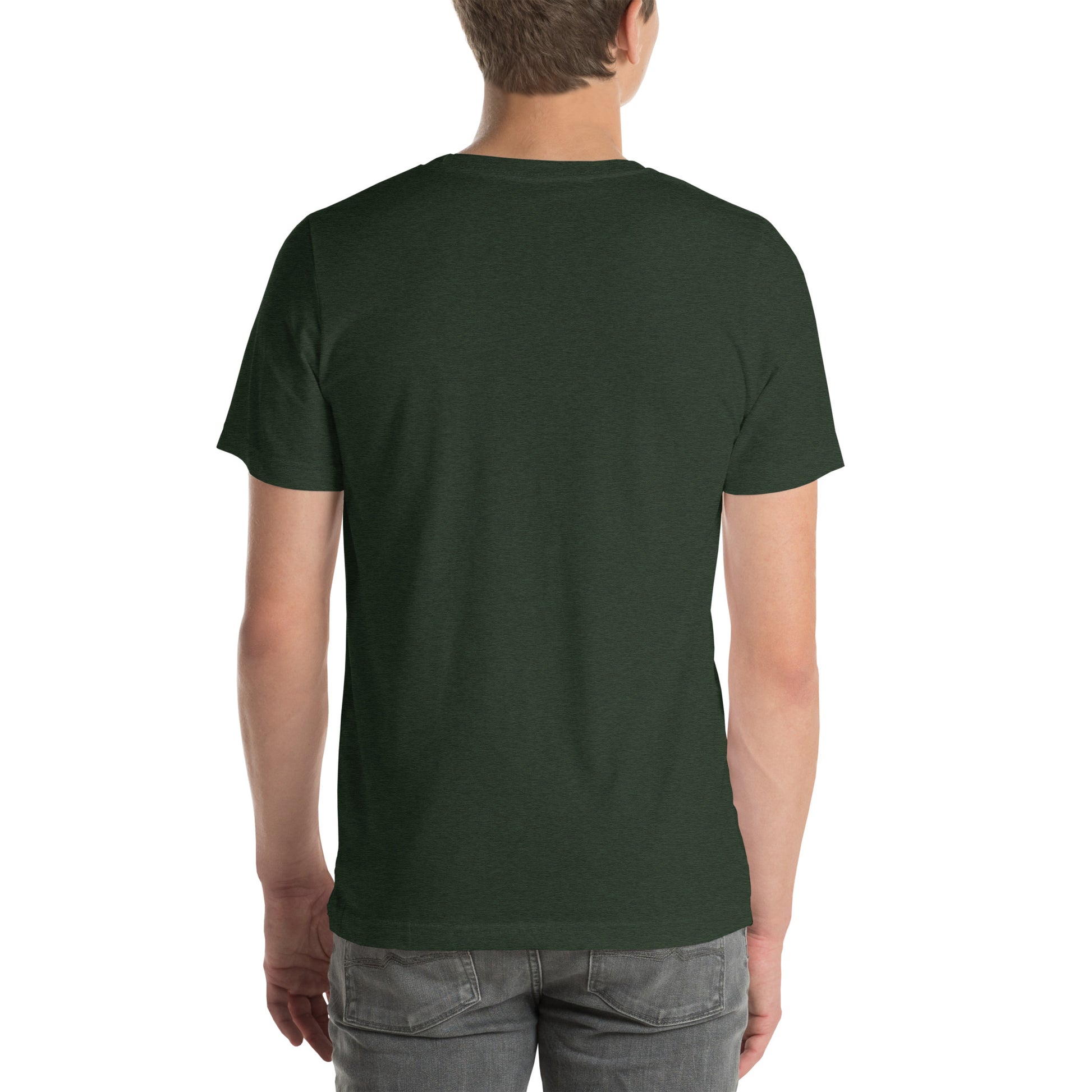 Back view of an adult model wearing a heather emerald green short-sleeve T-shirt with a white background behind him.