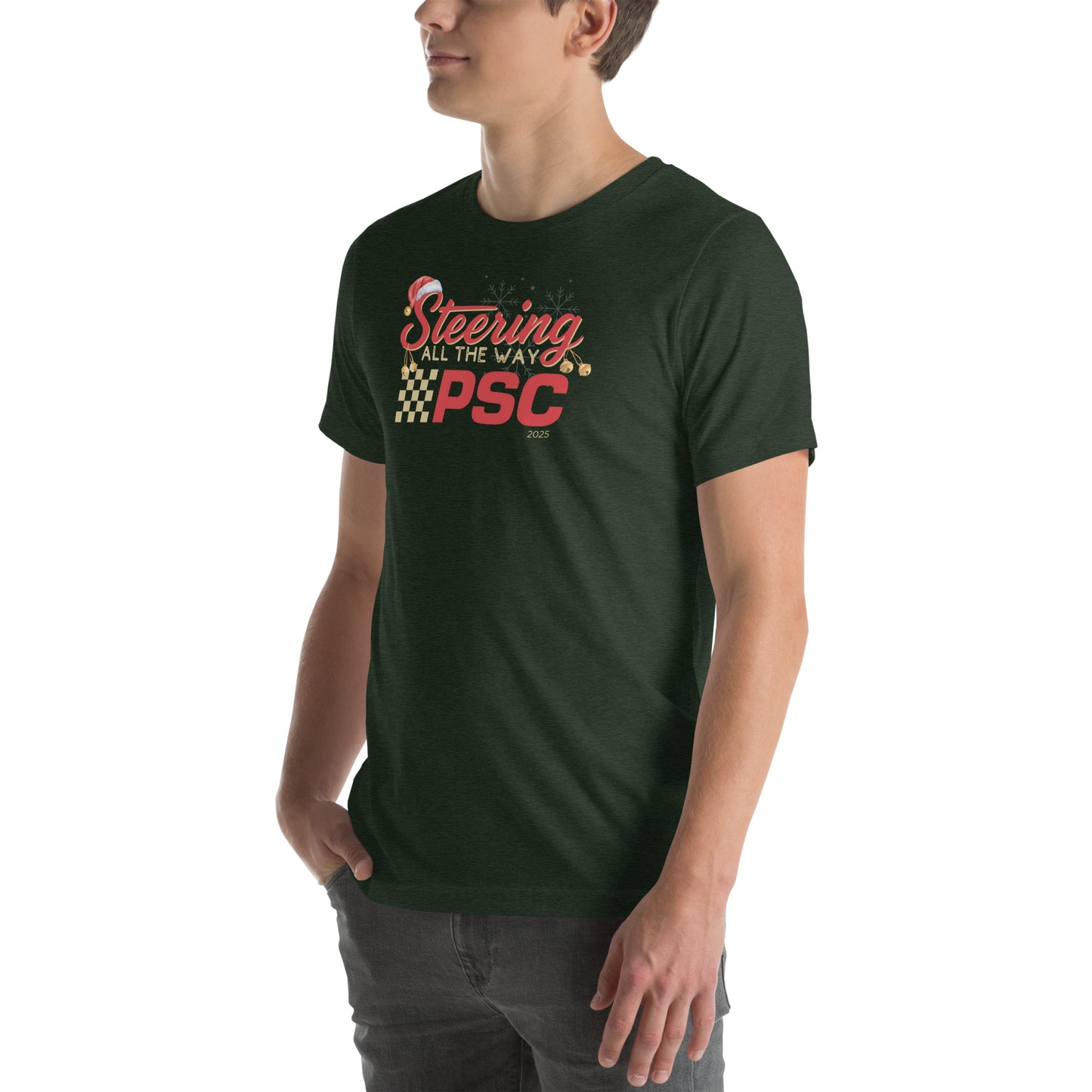 Angled front view of an adult model wearing a heather emerald green short-sleeve T-shirt with a PSC logo and the phrase ‘Steering All the Way PSC 2025’ printed across the chest in red and gold lettering. There is a Santa hat on the "S" in steering, bells handing off the bottom of the "S" and "g" in steering and translucent snowflakes in the background as well as "2025" right bottom corner offset. He is facing the left frame of the image.