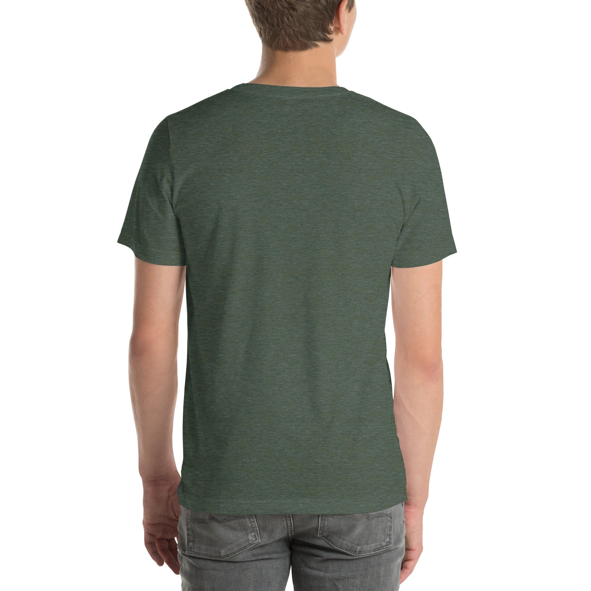 Back view of an adult model wearing a heather forest green short-sleeve T-shirt with a white background behind him.