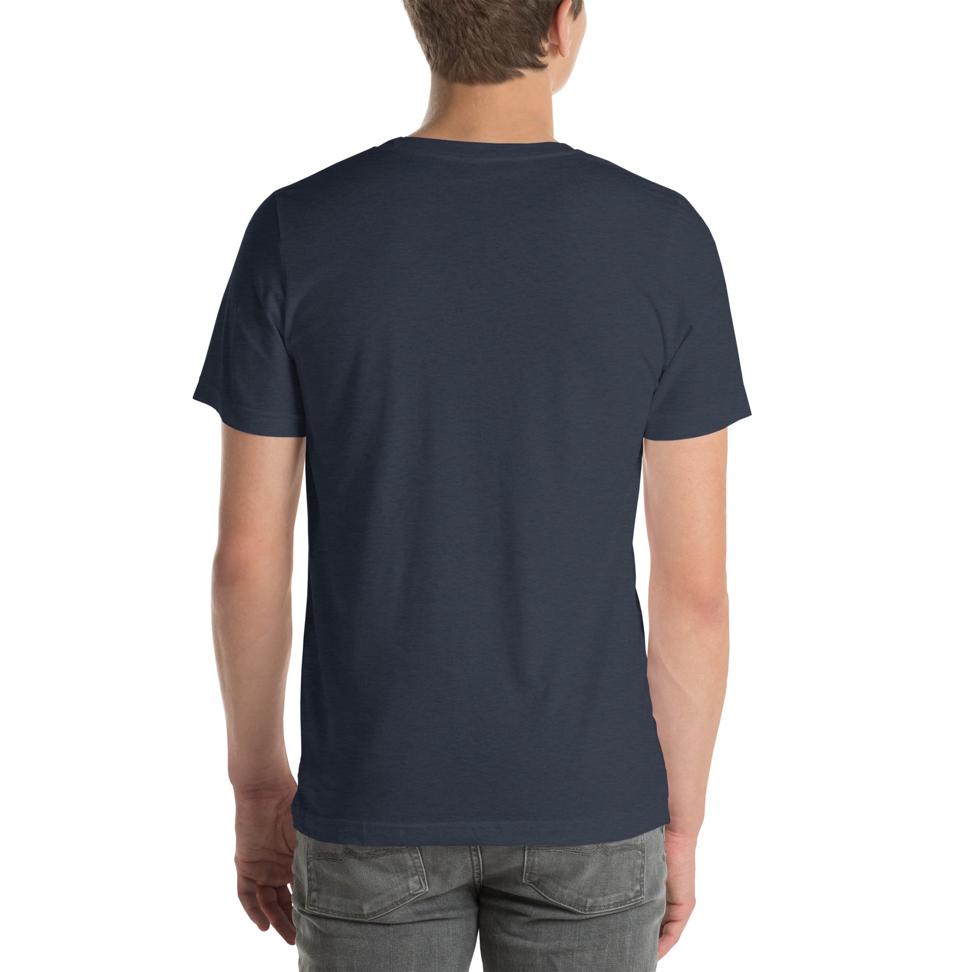 Back view of an adult model wearing a heather navy blue short-sleeve T-shirt with a white background behind him.