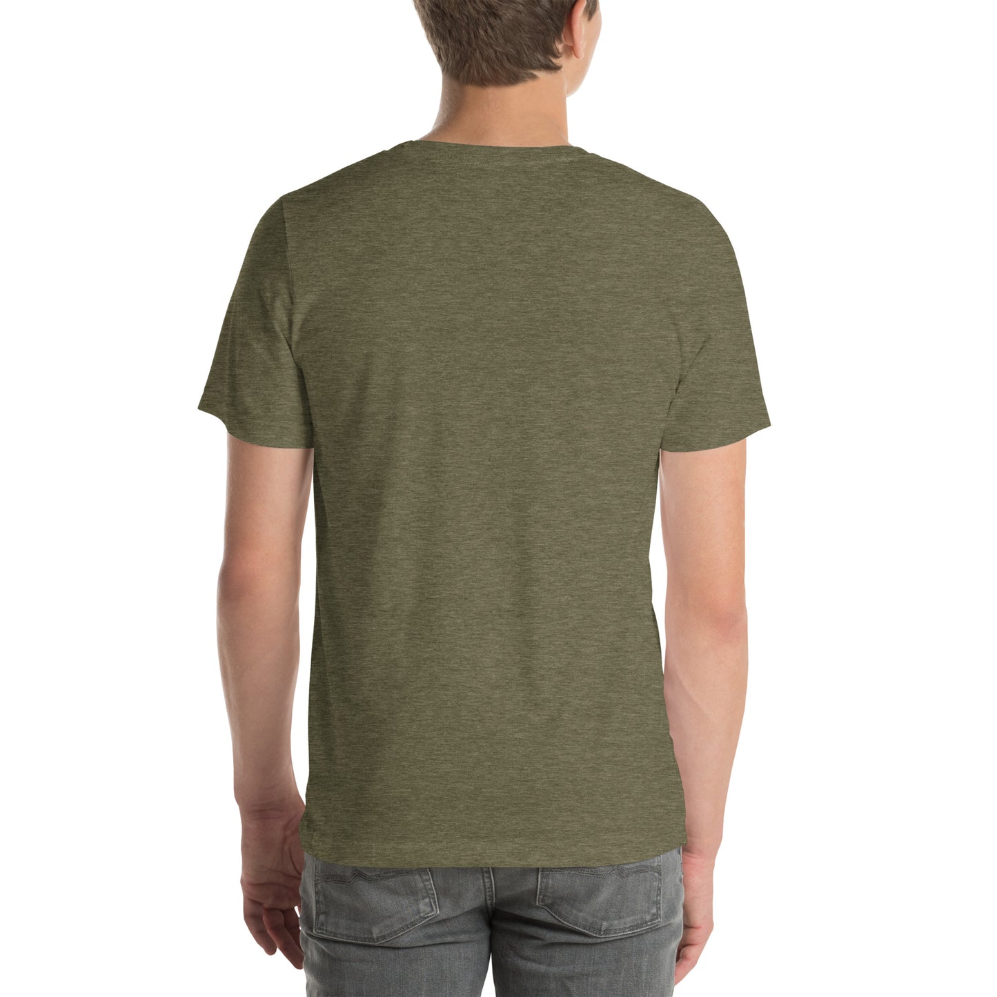 Back view of an adult model wearing a heather olive green short-sleeve T-shirt with a white background behind him. 