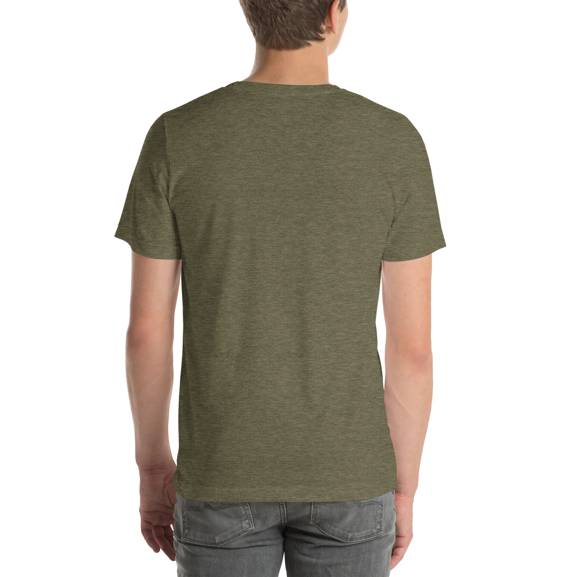 Back view of an adult model wearing a heather olive green short-sleeve T-shirt with a white background behind him. 