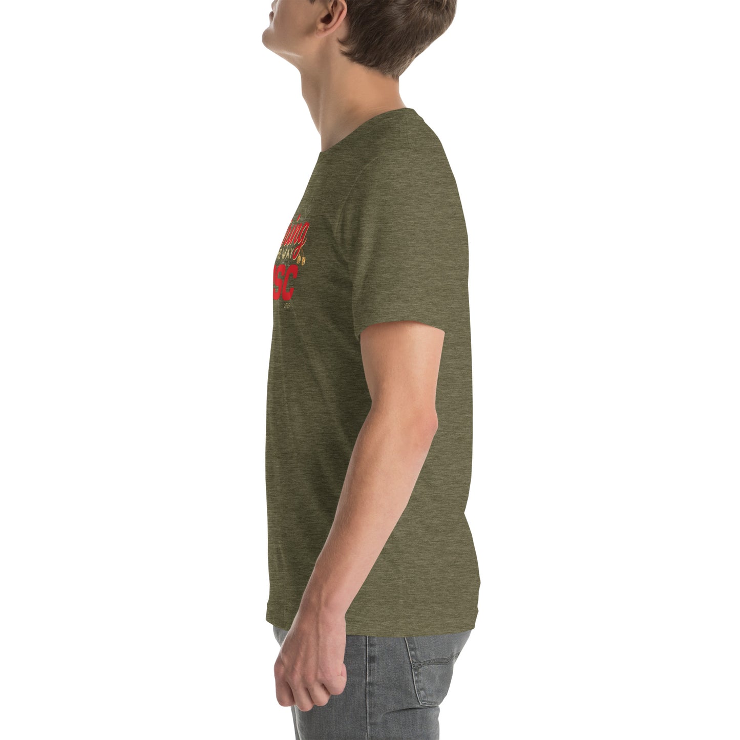 Side view of an adult model facing the left edge of the screen wearing a heather olive green short-sleeve T-shirt you can see the edge of a red and gold design on the front of the shirt. The background is white. 