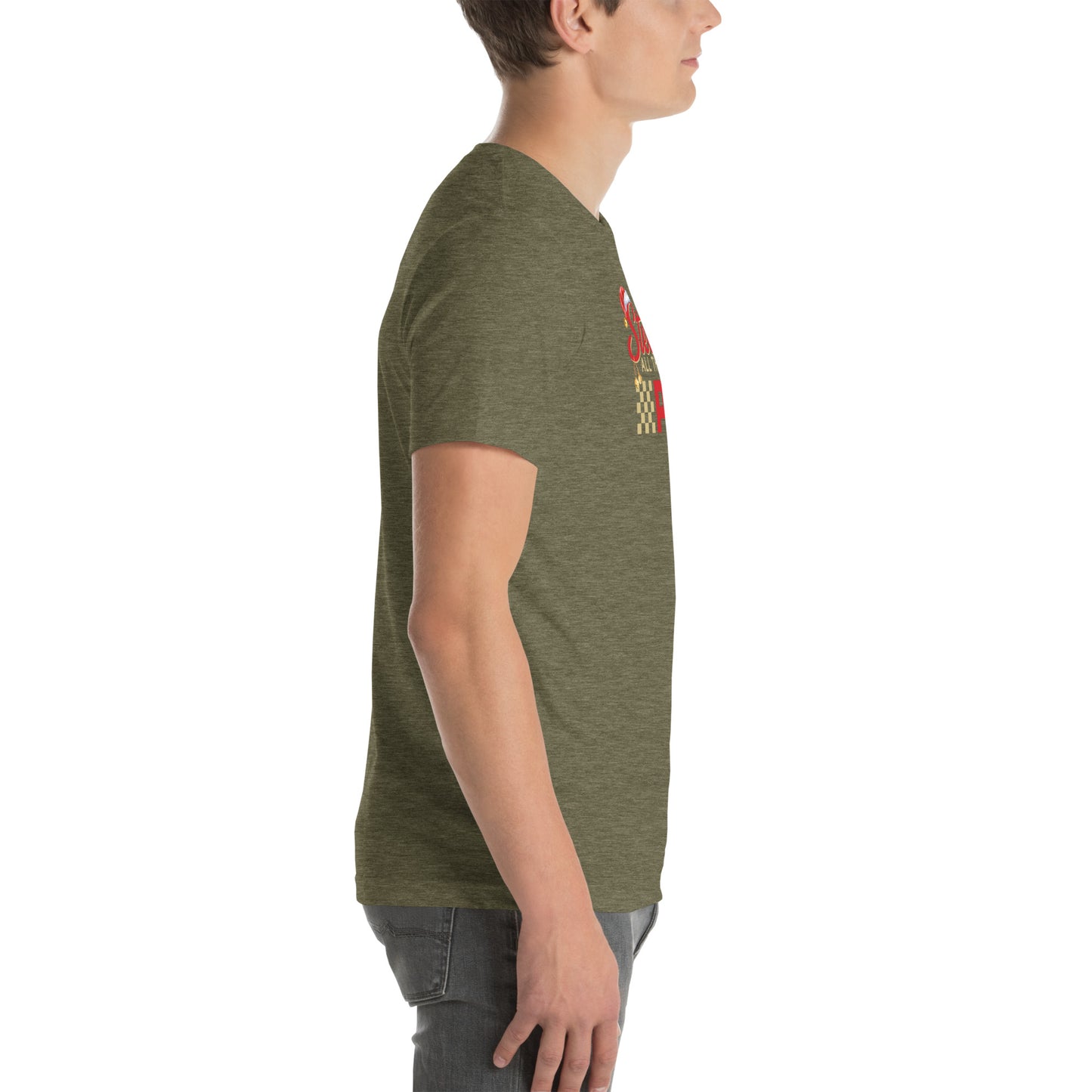 Side view of an adult model facing the right edge of the screen wearing a heather olive green short-sleeve T-shirt you can see the edge of a red and gold design on the front of the shirt. The background is white. 