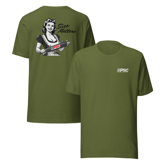 Olive green unisex short-sleeve T-shirt shown front and back, featuring a small white PSC Performance Steering Components logo on the left chest and a large retro-style illustration on the back of a woman holding a PSC steering cylinder with the words “Size Matters” printed above the graphic.