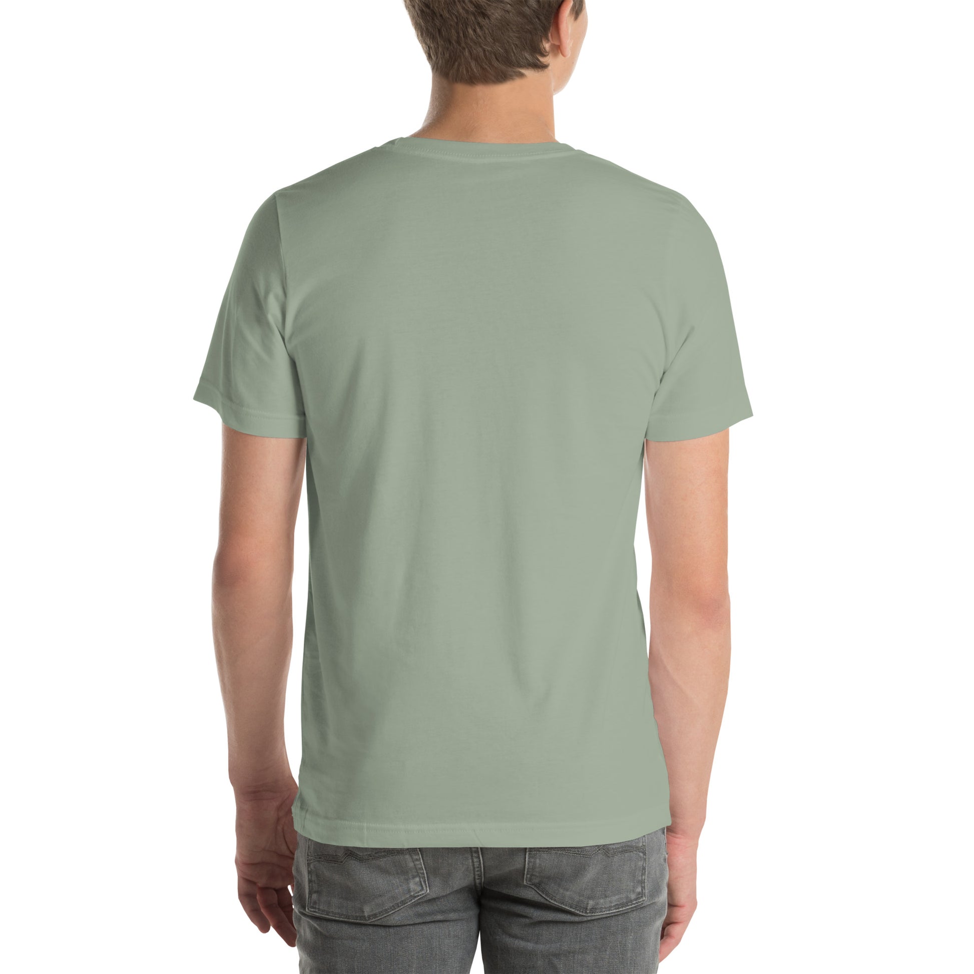Back view of an adult model wearing a sage green short-sleeve T-shirt with a white background behind him. 
