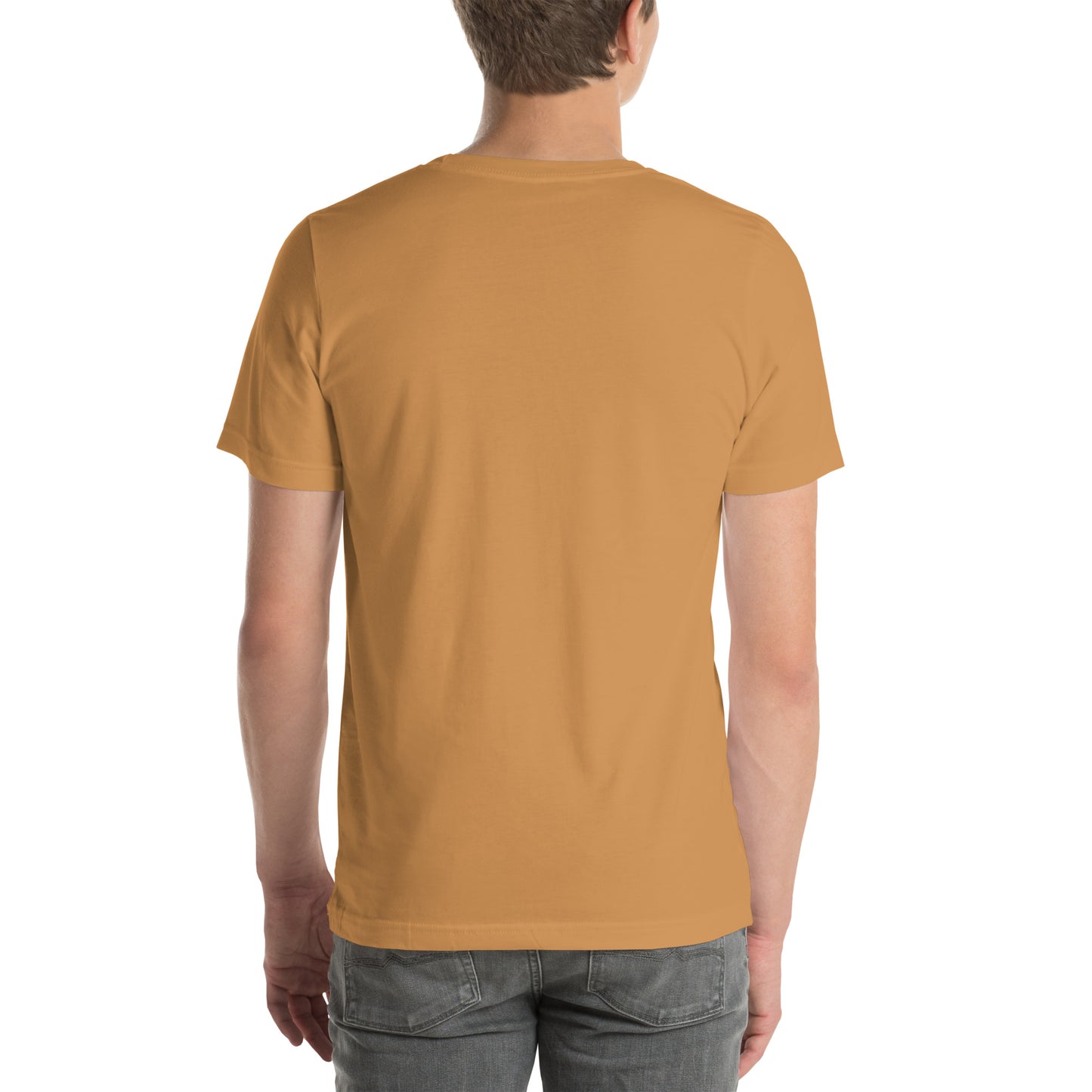 Back view of an adult model wearing a toast orange-brown short-sleeve T-shirt with a white background behind him. 