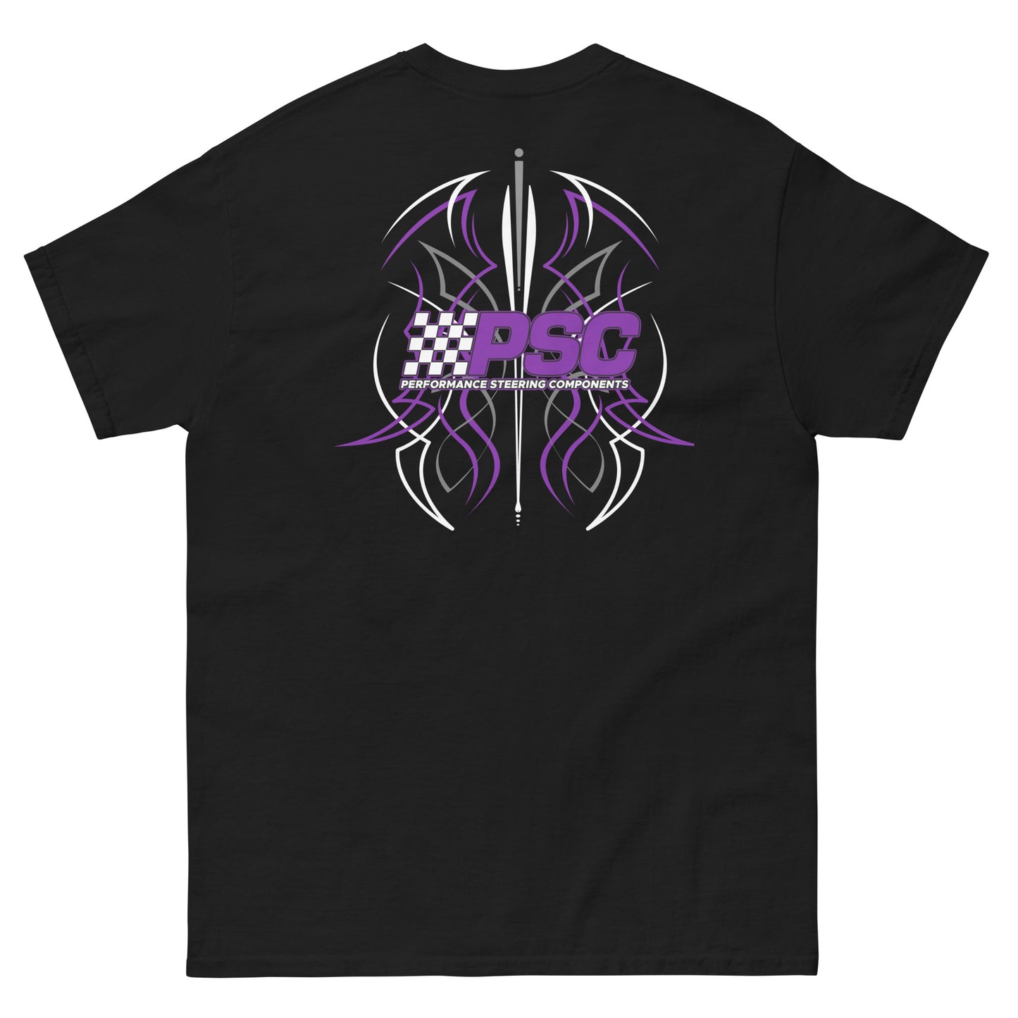 Back view of a black short-sleeve T-shirt featuring a large purple PSC Performance Steering Components pinstripe logo with stylized symmetrical graphics centered between the shoulders, featured on a white background.