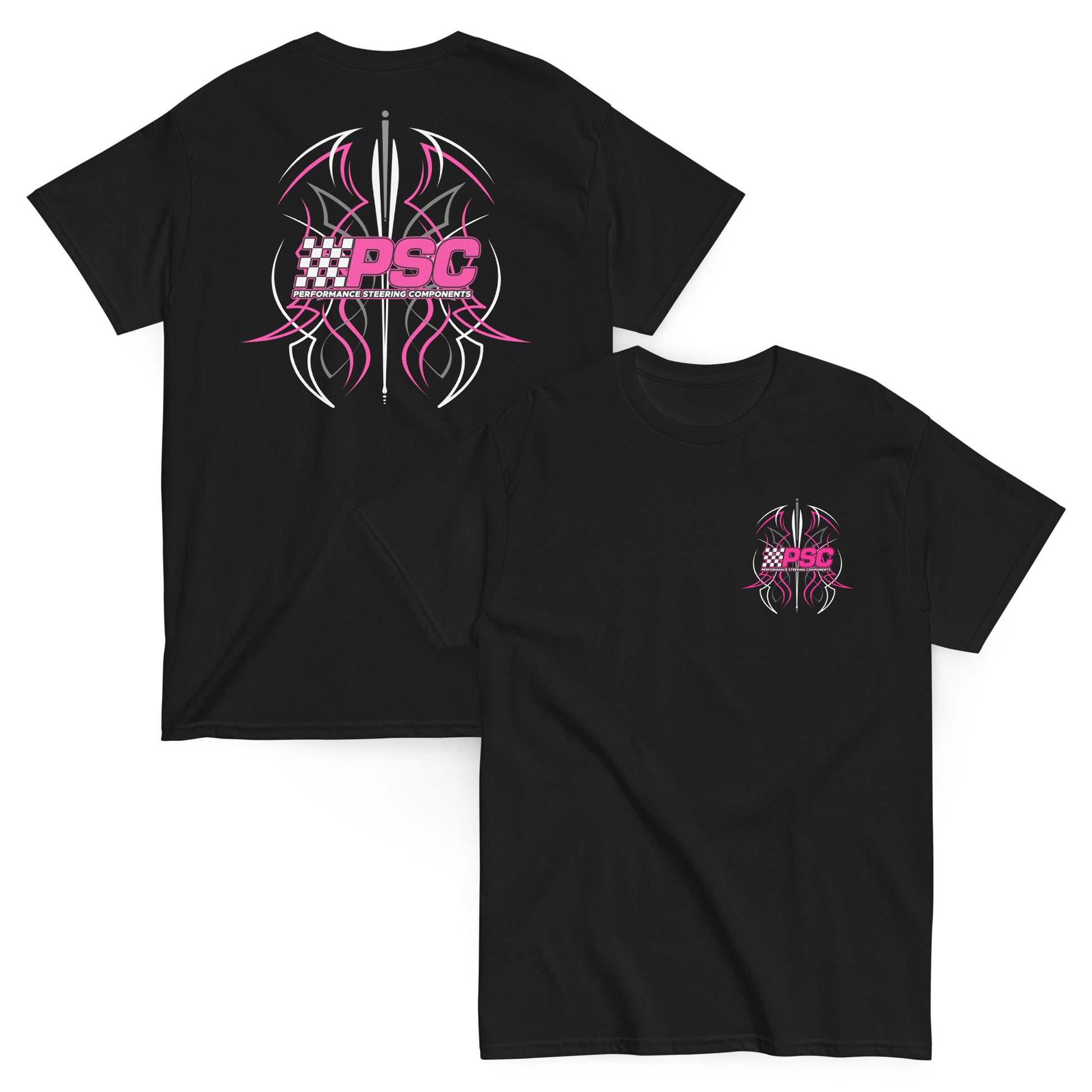 Black short-sleeve T-shirt shown from the front and back, featuring a pink and white PSC Performance Steering Components pinstripe logo with stylized tribal graphic on the upper left chest and a larger matching graphic centered across the back.