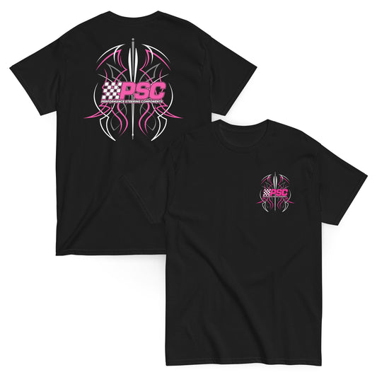 Black short-sleeve T-shirt shown from the front and back, featuring a pink and white PSC Performance Steering Components pinstripe logo with stylized tribal graphic on the upper left chest and a larger matching graphic centered across the back.