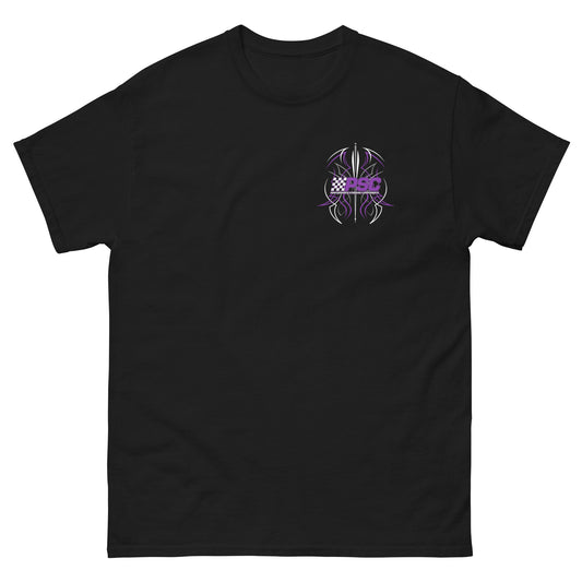 Front view of a black short-sleeve T-shirt with a small purple PSC Performance Steering Components pinstripe logo printed on the left chest, featured on a white background. 