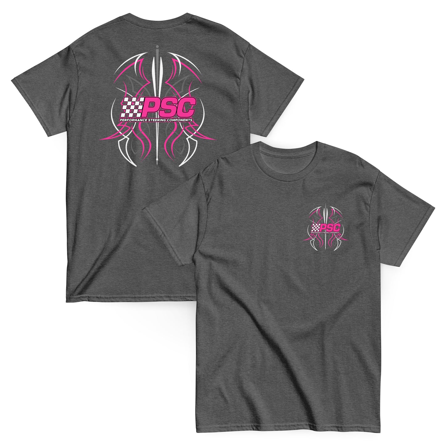 Dark heather gray short-sleeve T-shirt shown from the front and back, featuring a pink and white PSC Performance Steering Components pinstripe logo with stylized tribal graphic on the upper left chest and a larger matching graphic centered across the back.