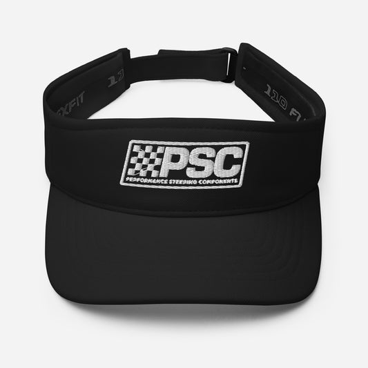 Image of a Flexfit black visor with a PSC logo stitched on the front in white thread. 