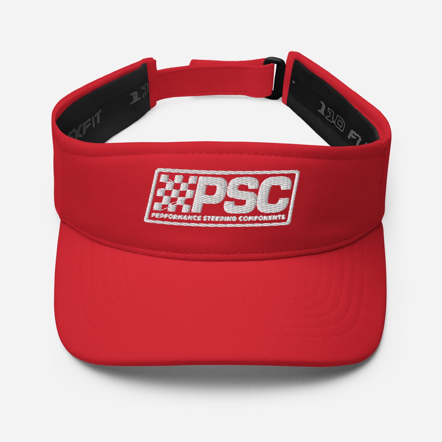 Image of a Flexfit red visor with a PSC logo stitched on the front in white thread. 