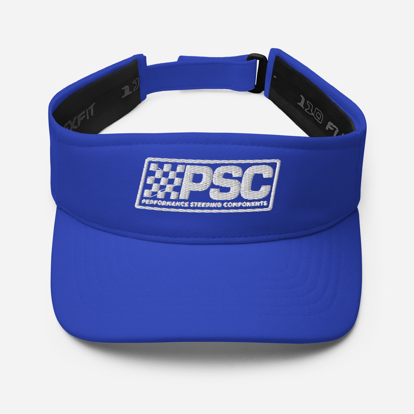 Image of a Flexfit royal blue visor with a PSC logo stitched on the front in white thread. 