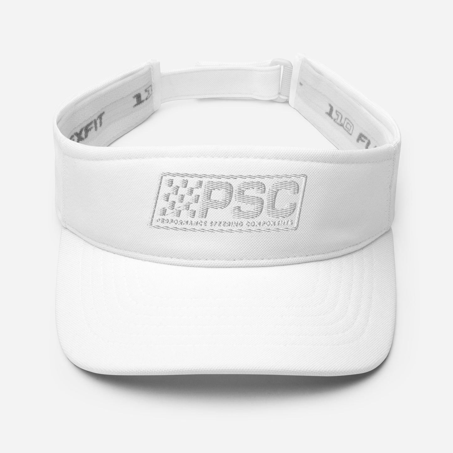 Image of a Flexfit white visor with a PSC logo stitched on the front in white thread. 