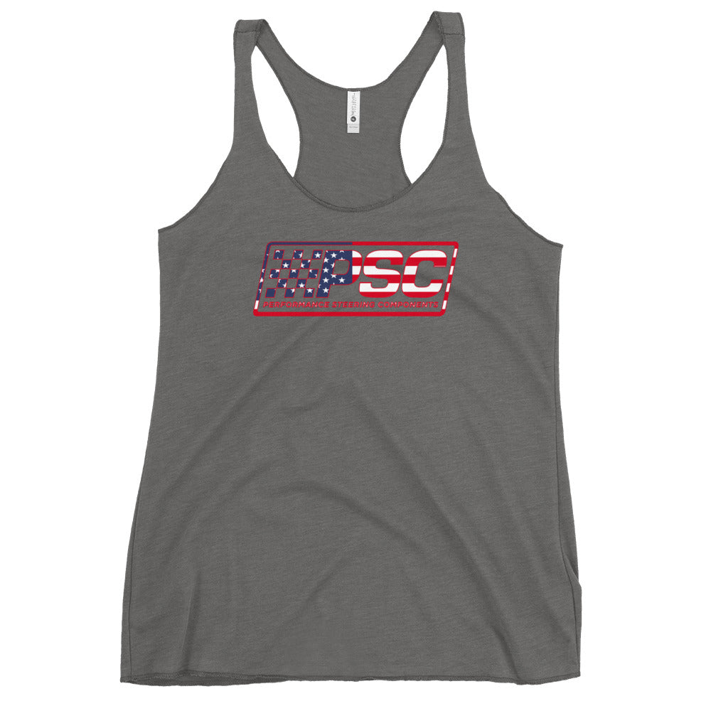A heather grey women's racerback tank top with PSC Performance Steering Components logo featuring a patriotic overlay and red border on a white background. 