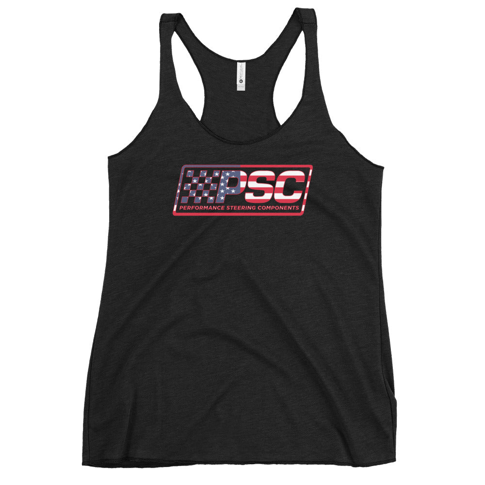 A vintage black women's racerback tank top with PSC Performance Steering Components logo featuring a patriotic overlay and red border  on a white background. 