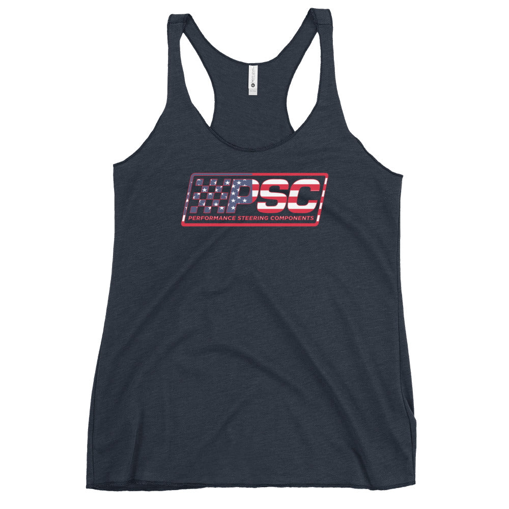 A vintage navy women's racerback tank top with PSC Performance Steering Components logo featuring a patriotic overlay and red border  on a white background. 