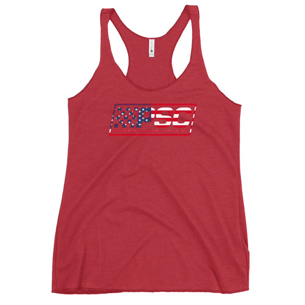 A vintage red women's racerback tank top with PSC Performance Steering Components logo featuring a patriotic overlay and red border on a white background. 
