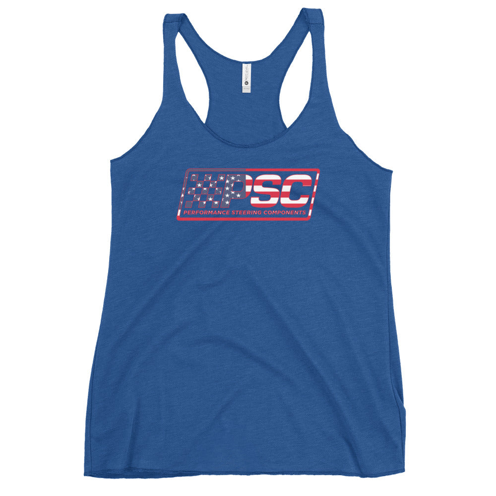A royal blue women's racerback tank top with PSC Performance Steering Components logo featuring a patriotic overlay and red border on a white background. 