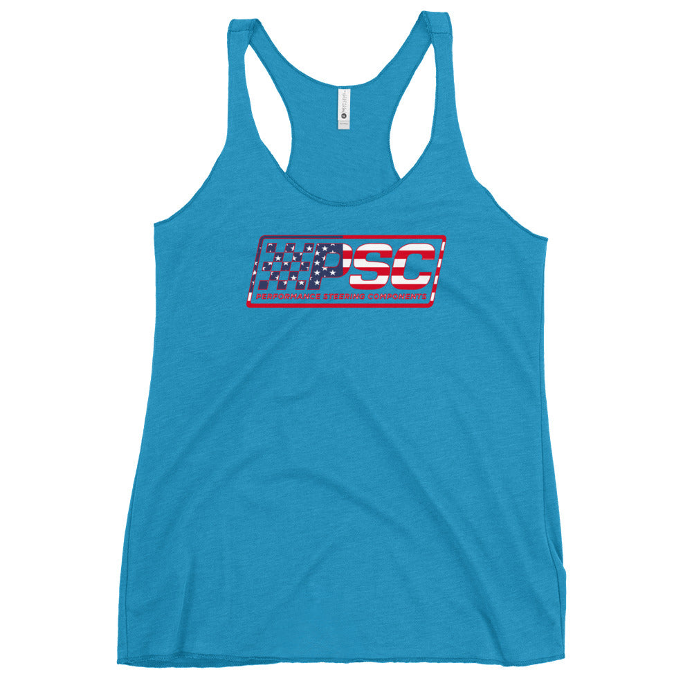 A vintage turquoise women's racerback tank top with PSC Performance Steering Components logo featuring a patriotic overlay and red border on a white background. 